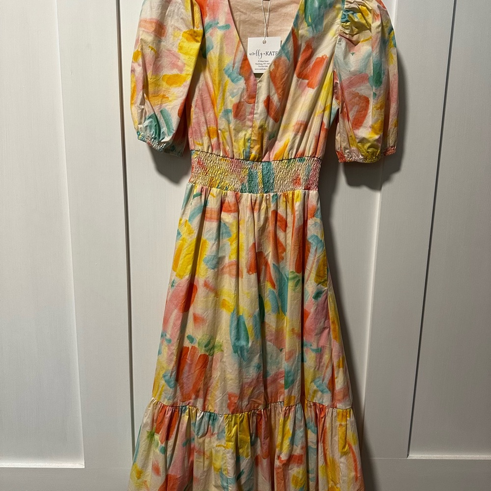 Pinch Multicolor Watercolor Print Puff-Sleeve Midi Dress